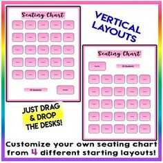 the vertical seating chart is shown in pink and blue, with text that reads vertical layouts