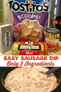 the ingredients for an easy sausage dip in a crockpot and on top of a table