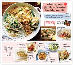 an advertisement for the lighten up family's favorite healthy meal, including pasta and vegetables