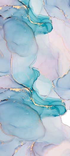 an abstract painting with blue and gold paint on it's surface, as well as water