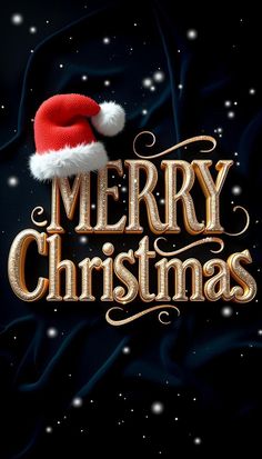 merry christmas text with santa's hat on it in gold and silver letters against a black background