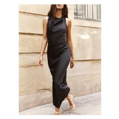 SATIN EFFECT MIDI DRESS Black Satin Dress Wedding Guest, Zara Black Satin Dress, Ruched Satin Dress, Semi Formal Cocktail Dress, Black Silk Midi Dress, Zara Satin Dress, Round Neck Dress, Zara Woman Dress, Formal Cocktail Dress