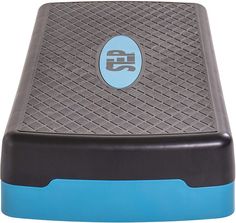 a blue and black step stool sitting on top of a white floor