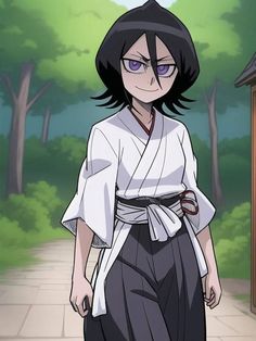 an anime character with black hair and glasses walking down a path in front of trees