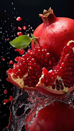 two pomegranates with water splashing around them on a black background