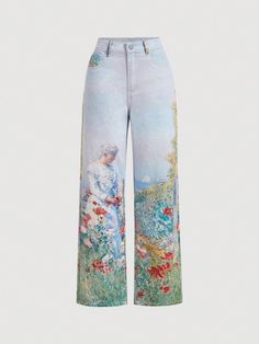 Multicolor Casual Collar  Mezclilla Floral,Plantas Pierna recta Embellished No-Elástico Food Print Clothes, Fashion College, Patterned Pants, Outfits Woman, Vintage Denim Jeans, Cropped Leather Jacket, Tea Break, Printed Sleeveless Top, Embellished Jeans