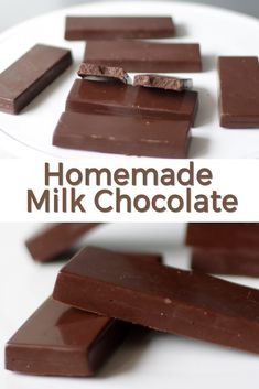 homemade milk chocolate bars stacked on top of each other with text overlay that reads homemade milk chocolate