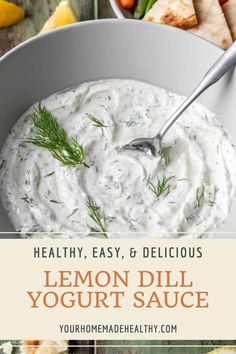 lemon dill yogurt sauce in a white bowl with a spoon on the side