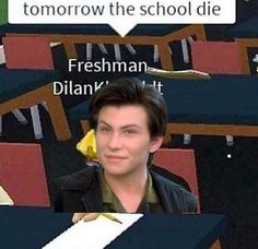 a young man sitting in front of a classroom full of desks and chairs, with the caption that reads i'm not going back to class tomorrow the school