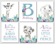 four baby girl nursery wall art prints featuring giraffes, elephants and flowers