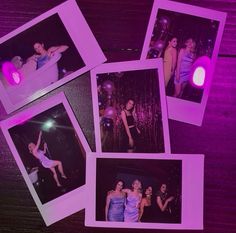 four polaroid photos of women in evening gowns and one is holding a candle