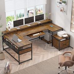 an office desk with two computer monitors on it and a chair in front of the desk