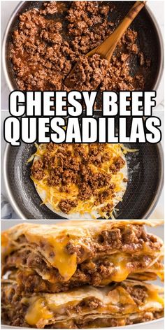 cheesey beef quesadillas in a skillet with text overlay