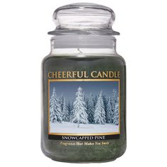 a candle that is sitting in front of a white background with snow covered pine trees