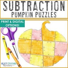 an image of a book cover for subtraction pumpkin puzzles with scissors and crayons