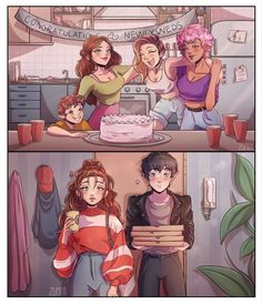 two comics with people in the kitchen and one is holding a birthday cake while another looks on