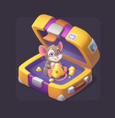 a cartoon mouse in a suitcase holding a yellow object with it's mouth open