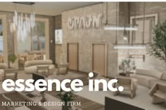 a living room filled with furniture and a sign that reads, presence inc marketing & design firm