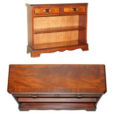 an old wooden dresser with two drawers and one open drawer on the bottom, next to another