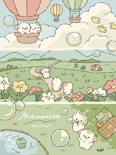 an image of some animals flying in the sky with hot air balloons and flowers around them