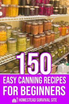 the shelves are full of canned food and jars with text overlay that reads, 150 easy canning recipes for beginners