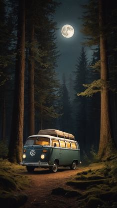 an old vw bus is parked in the woods at night, under a full moon