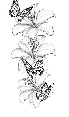 three butterflies flying over some white lilies with black and white outline on the bottom