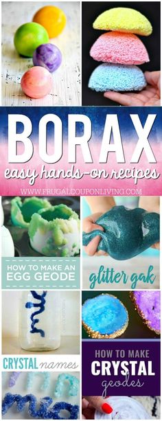 the cover of borax easy hand - on recipes, with images of different colors and