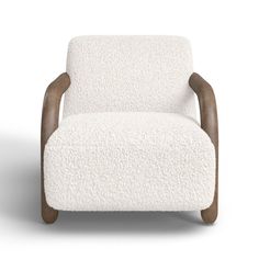 a white chair with wooden arms and legs on an isolated background, the seat is made out of sheep's wool