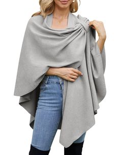 PRICES MAY VARY. SIZE -- Stay warm and fashionable with our poncho wrap - 32" long from shoulder to hem and flattering for all sizes and shapes. FABRIC -- Made with double knit fabrics, our wrap is thicker and more structured than most knits, making it wrinkle-resistant and perfect for travel. DESIGN -- Versatile design with a crossover front and loop/button on the shoulder - wear it as a poncho, shawl, cape, cardigan, or scarf. WEAR/MATCH -- Dress it up or down - layer it over a long sleeve shi Open Front Poncho, Knitted Wrap, Cape Shawl, Womens Poncho, Pompom Scarf, Poncho Wrap, Poncho Cardigan, Poncho Shawl, Reversible Scarf