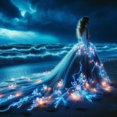 a woman in a blue dress standing on the beach at night with fairy lights all over her