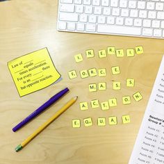 some yellow sticky notes sitting on top of a wooden table next to a keyboard and pencil