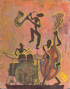 an artistic drawing of two men playing instruments