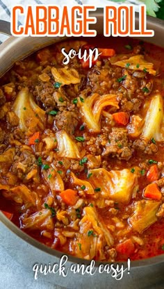 cabbage roll soup in a large pot with carrots and parsley on the side