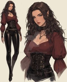 a drawing of a woman with long hair wearing black leather pants and a red blouse