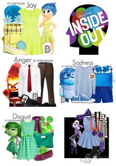 the inside out characters are dressed up in different colors and styles, including blue, green,