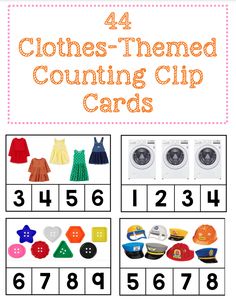 the 4 clothes - themed counting clip cards are shown in orange and white with numbers for each