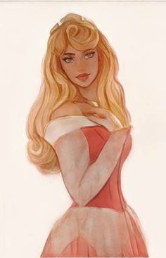 a drawing of a blonde haired woman in a pink and white dress with long hair