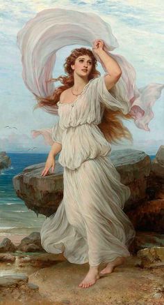 a painting of a woman in a white dress by the ocean with her hair blowing