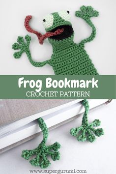 a crocheted frog bookmark with the words frog bookmark written in green