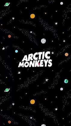 the arctic monkeys logo surrounded by stars and planets on a black background with words arctic monkeys