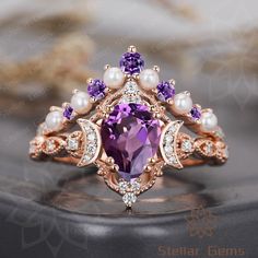 Luxury Amethyst Crystal Ring For Anniversary, Luxury Purple Pear-shaped Ring, 6mm Wedding Band, Pearl Wedding Ring, Pretty Engagement Rings, Cute Engagement Rings, Special Ring, Professional Jewelry, Ring Moissanite