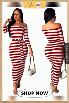 New Women's Fashion Off Shoulder Long Sleeve Midi Skirt Slim Stripe Party Dress Bodycon Dress Striped Long Sleeve Fitted Midi Dress, Striped Fitted Long Sleeve Midi Dress, Striped Fitted Midi Dress With Long Sleeves, Red Long Sleeve Bodycon Summer Dress, Red Long Sleeve Bodycon Dress For Summer, Chic Striped Midi Dress For Party, Chic Striped Bodycon Party Dress, Trendy Non-stretch Evening Dresses, Long Sleeve Summer Maxi Dress For Club