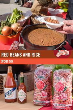 red beans and rice for $ 50 is on display at an outdoor market with other food items