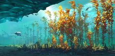 an underwater scene with seaweed and fish