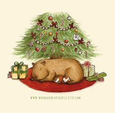 a drawing of a sleeping bear under a christmas tree with presents on the floor underneath it