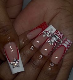 Birthday Acrylic Nails Ideas, Red Silver And White Nails, Acrylic Sets Nails, Square Nails Acrylic Medium, Red Nail Designs Long, Red Inspo Nails, Red Nail Sets, Long Acrylic Nails Square, Red Nails Acrylic