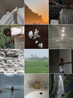 a collage of pictures with people in white clothing and water flowing from the sky