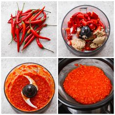 four pictures showing the steps to make chili sauce in a food processor, including peppers and seasonings