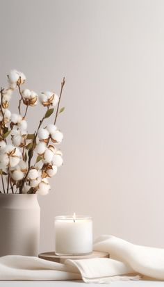 a white vase filled with cotton flowers next to a lit candle and napkins on a table